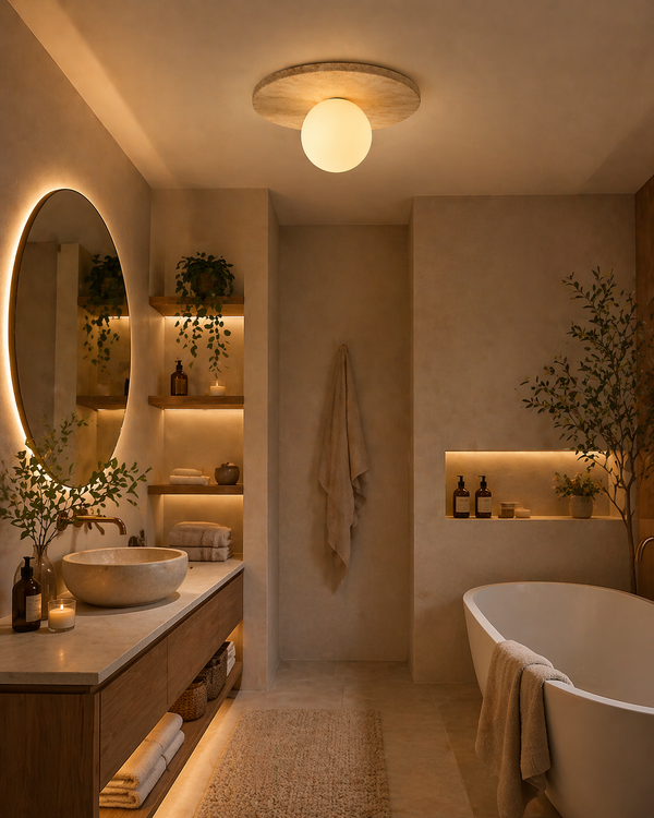 Venus – Plafonnier Salle de Bain | Luminaire Pierre Travertin Globe Verre