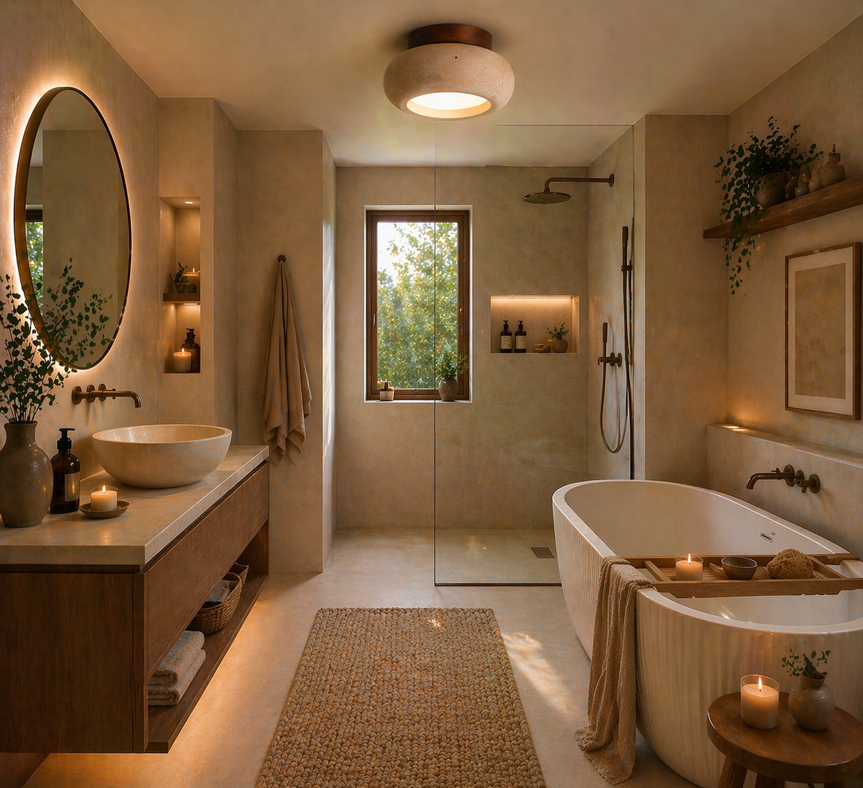 Mercure – Plafonnier Salle de Bain | Luminaire Pierre Travertin Bois design Minimaliste