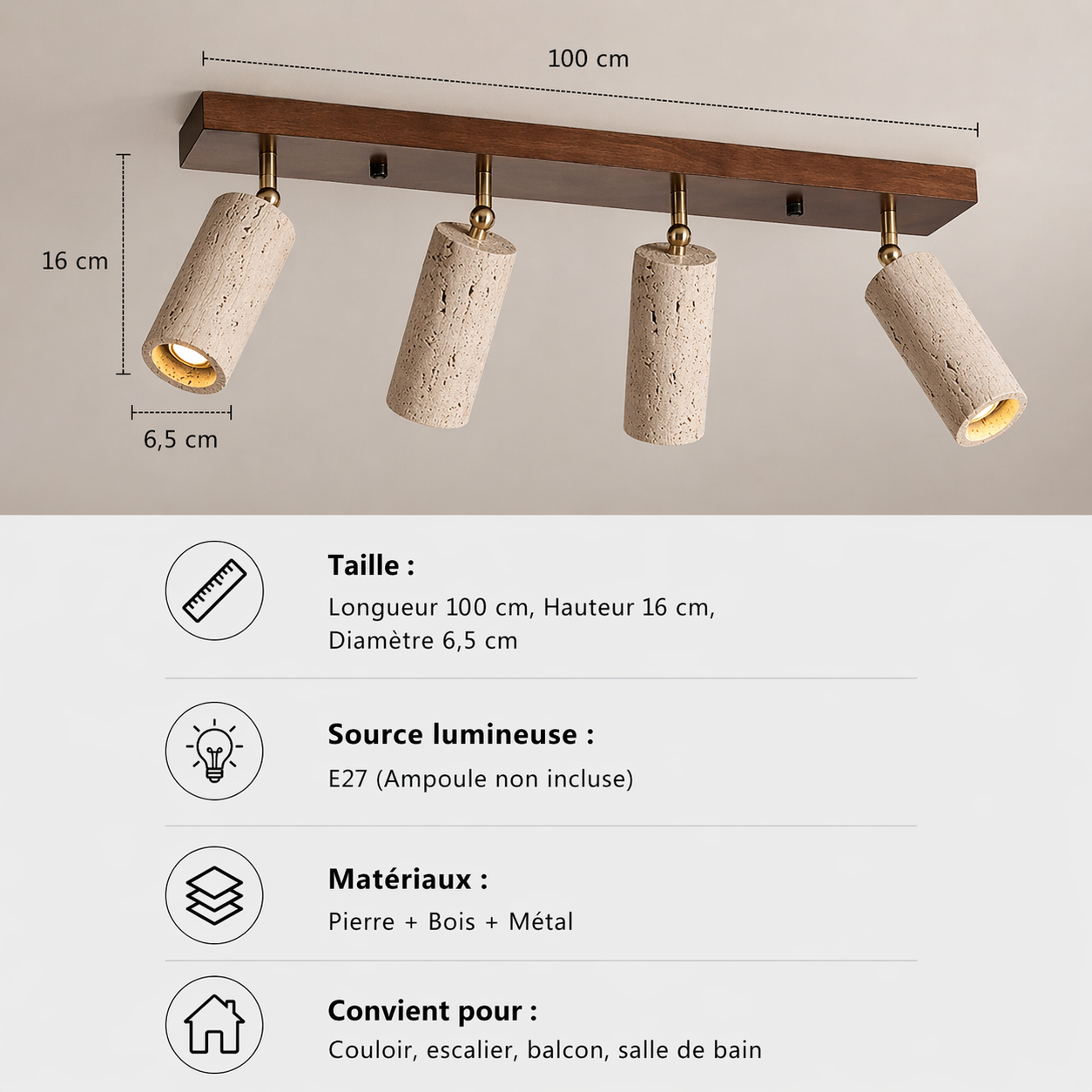 Boussole – Plafonnier Salle de Bain | Luminaire Bois Travertin Têtes Orientables
