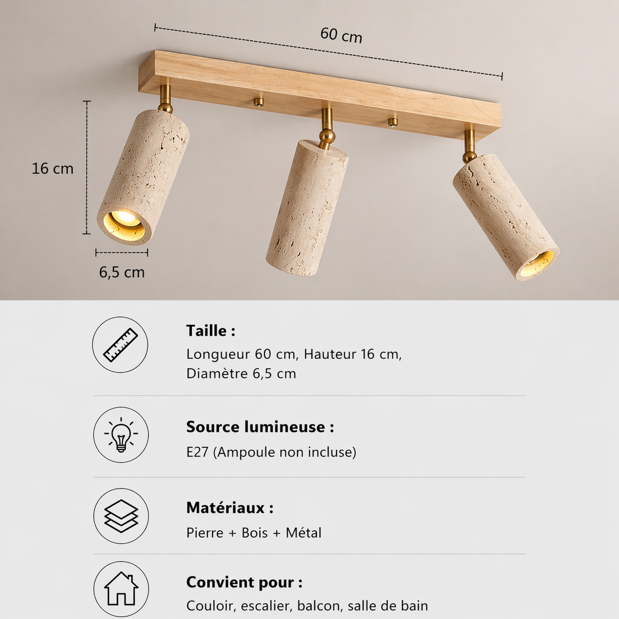 Boussole – Plafonnier Salle de Bain | Luminaire Bois Travertin Têtes Orientables