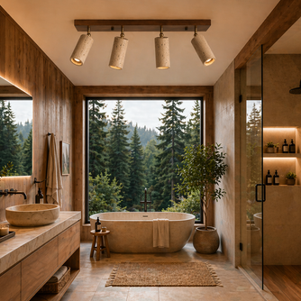 Boussole – Plafonnier Salle de Bain | Luminaire Bois Travertin Têtes Orientables