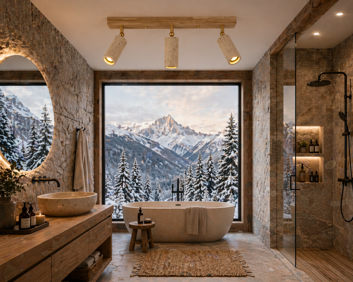Boussole – Plafonnier Salle de Bain | Luminaire Bois Travertin Têtes Orientables