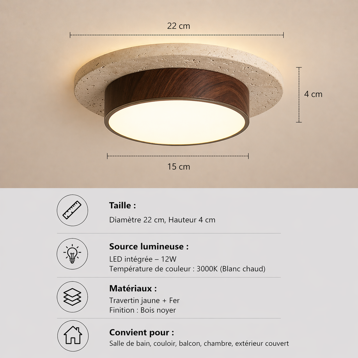 Eclat – Plafonnier Salle de Bain | Luminaire Circulaire Ultrafin Bois Travertin