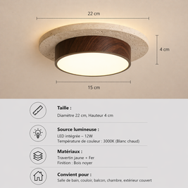 Eclat – Plafonnier Salle de Bain | Luminaire Circulaire Ultrafin Bois Travertin