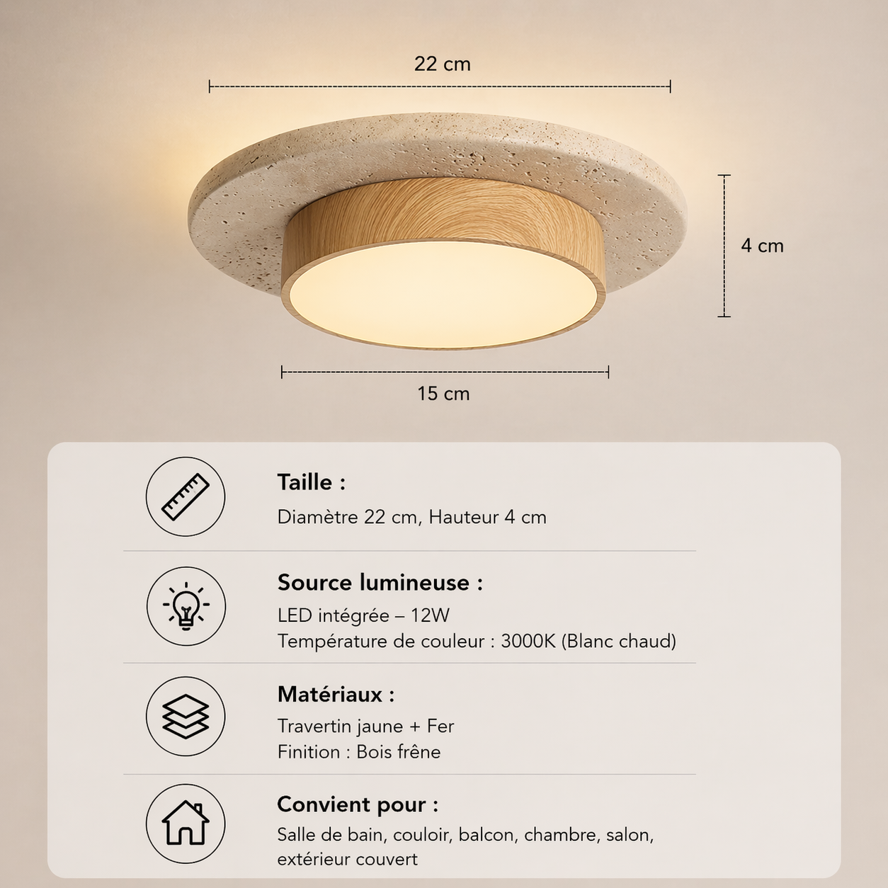 Eclat – Plafonnier Salle de Bain | Luminaire Circulaire Ultrafin Bois Travertin