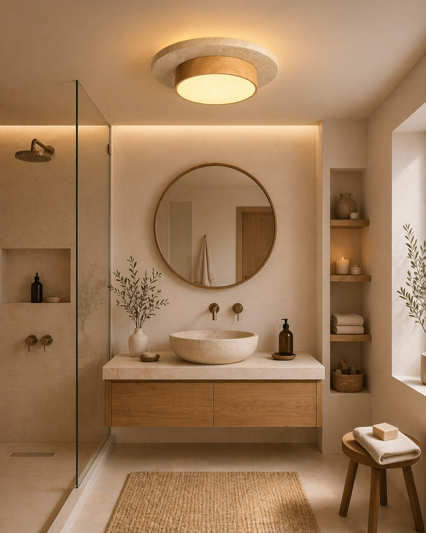 Eclat – Plafonnier Salle de Bain | Luminaire Circulaire Ultrafin Bois Clair Noyer