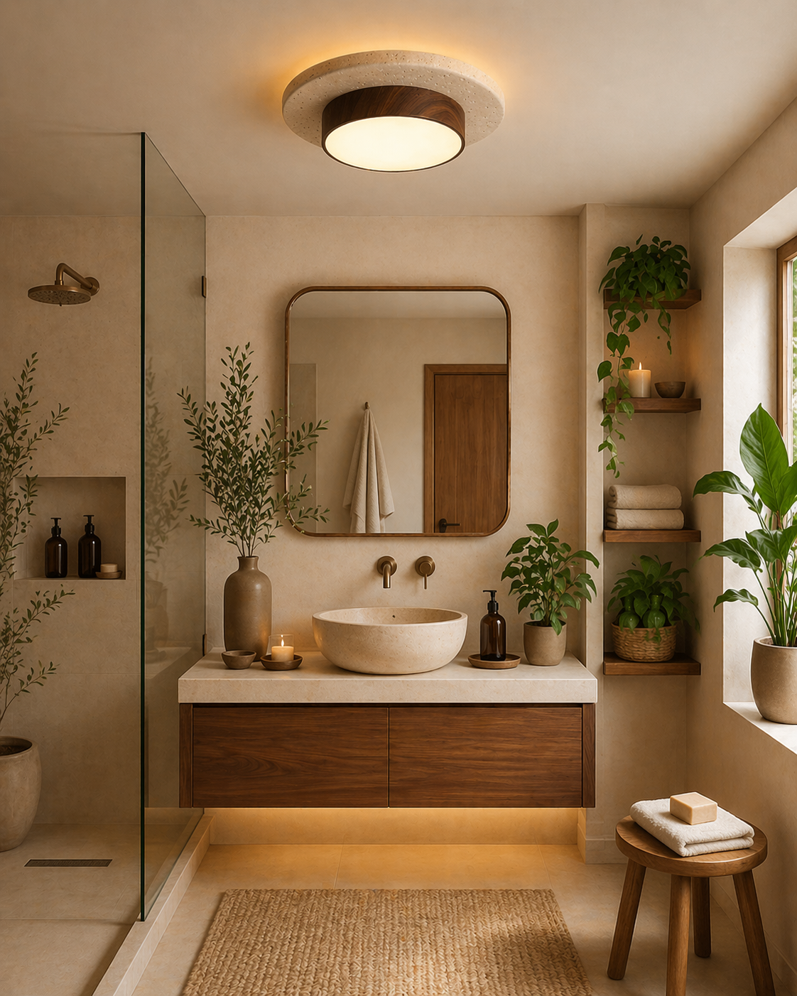 Eclat – Plafonnier Salle de Bain | Luminaire Circulaire Ultrafin Bois Travertin