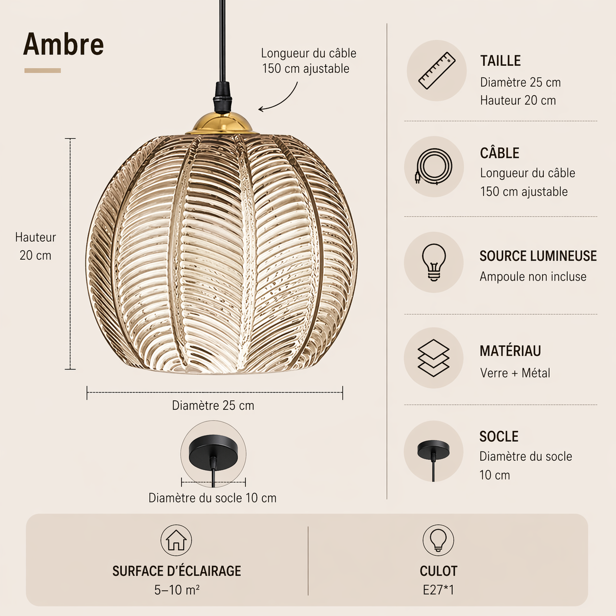 Ambre – Lustre | Suspension Verre Texturé Style Naturel