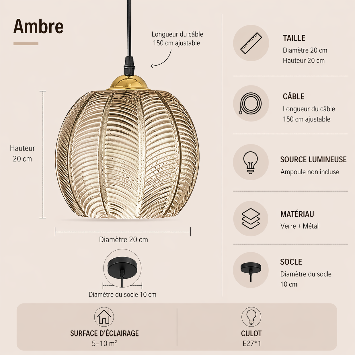 Ambre – Lustre | Suspension Verre Texturé Style Naturel