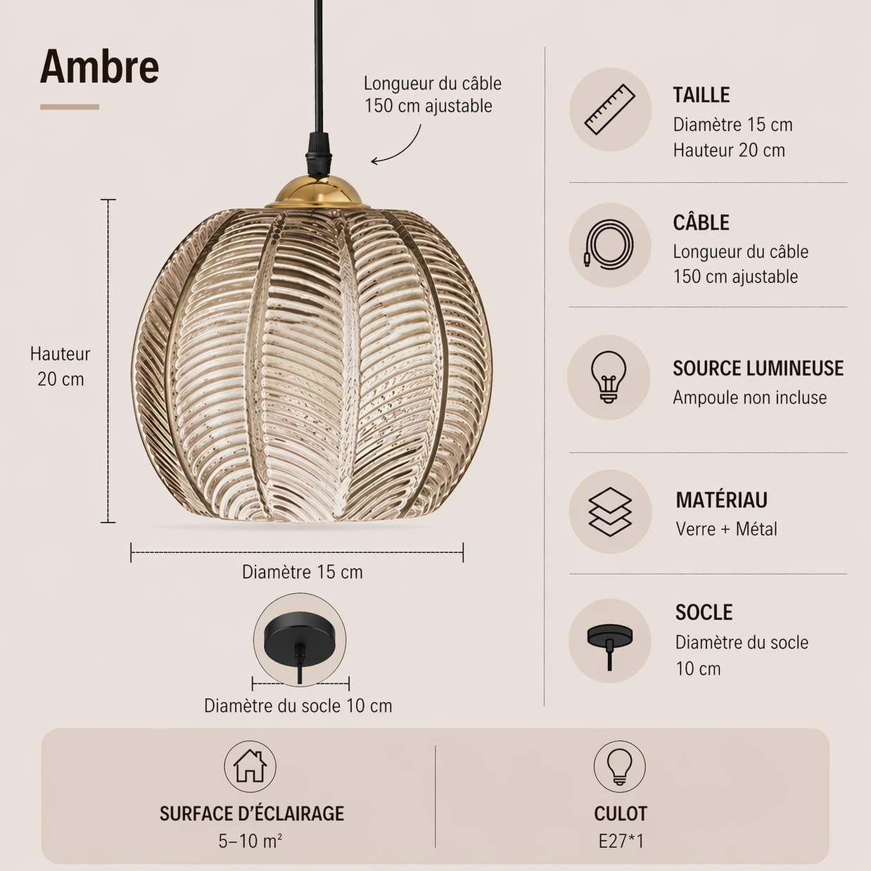 Ambre – Lustre | Suspension Verre Texturé Style Naturel