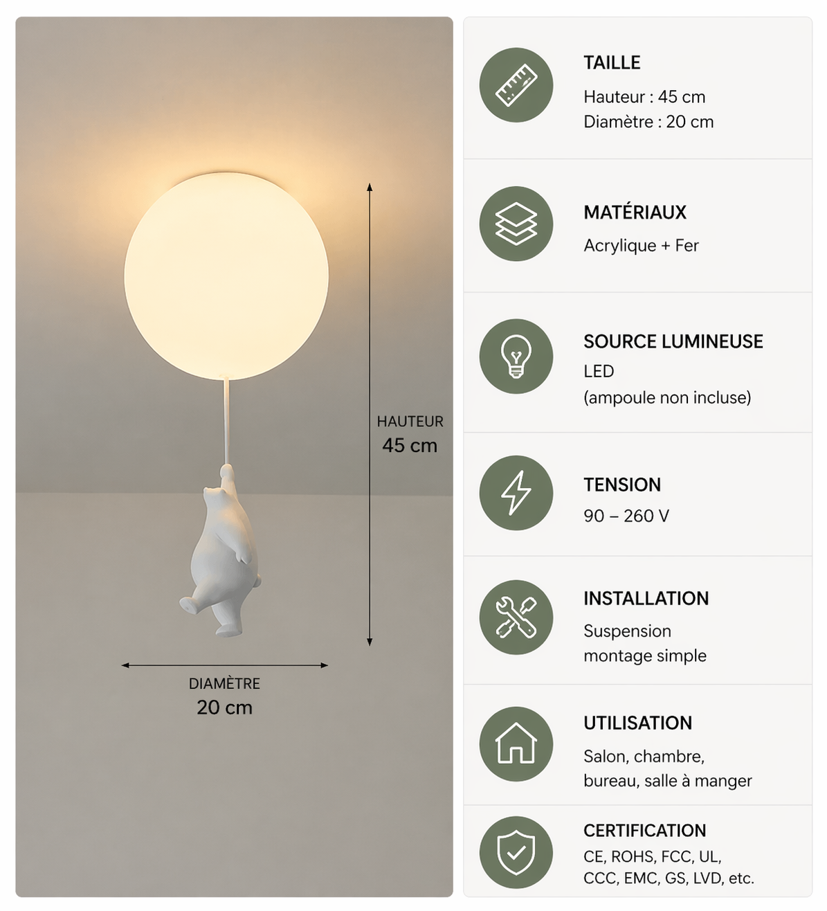 Ours Polaire – Plafonnier LED | Suspension Décorative Globe Figurine Chambre Enfant