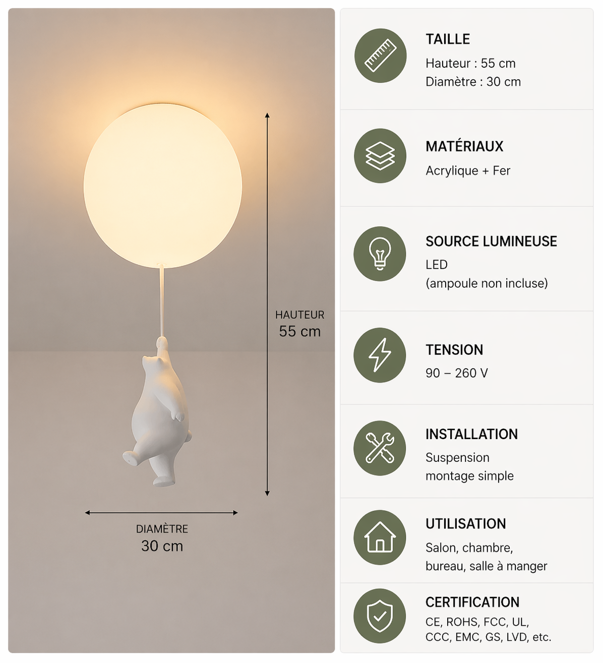 Ours Polaire – Plafonnier LED | Suspension Décorative Globe Figurine Chambre Enfant