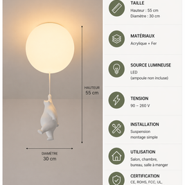 Ours Polaire – Plafonnier LED | Suspension Décorative Globe Figurine Chambre Enfant