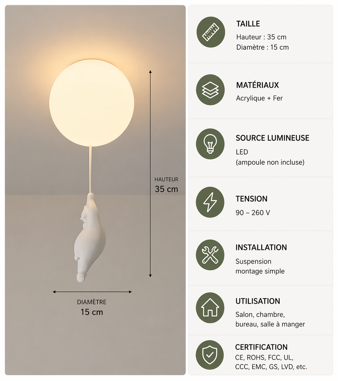 Ours Polaire – Plafonnier LED | Suspension Décorative Globe Figurine Chambre Enfant