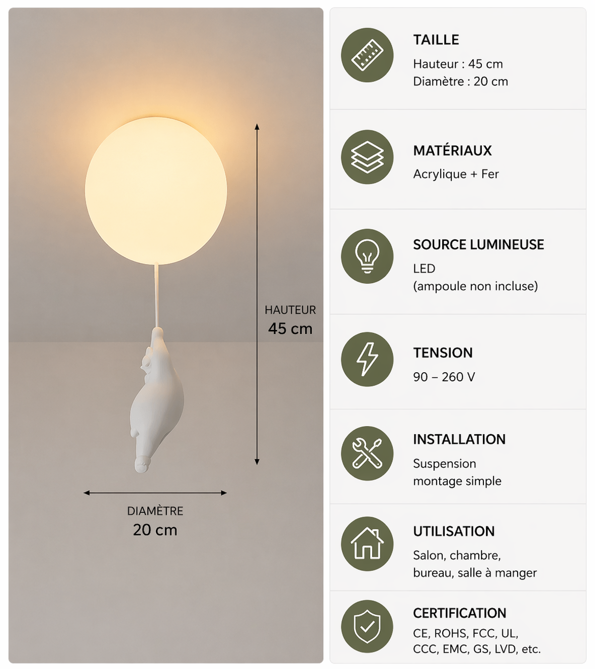 Ours Polaire – Plafonnier LED | Suspension Décorative Globe Figurine Chambre Enfant