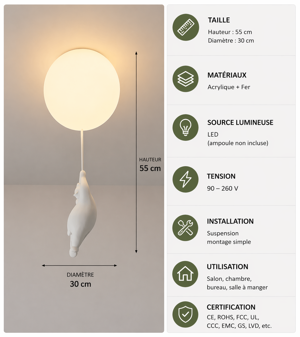 Ours Polaire – Plafonnier LED | Suspension Décorative Globe Figurine Chambre Enfant