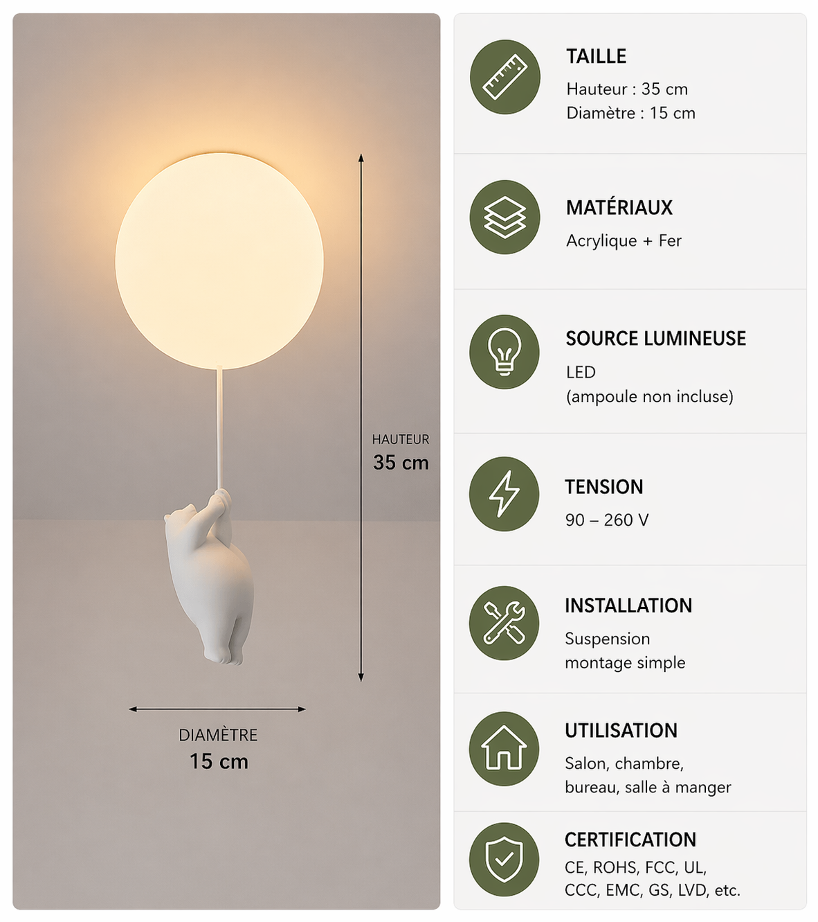 Ours Polaire – Plafonnier LED | Suspension Décorative Globe Figurine Chambre Enfant
