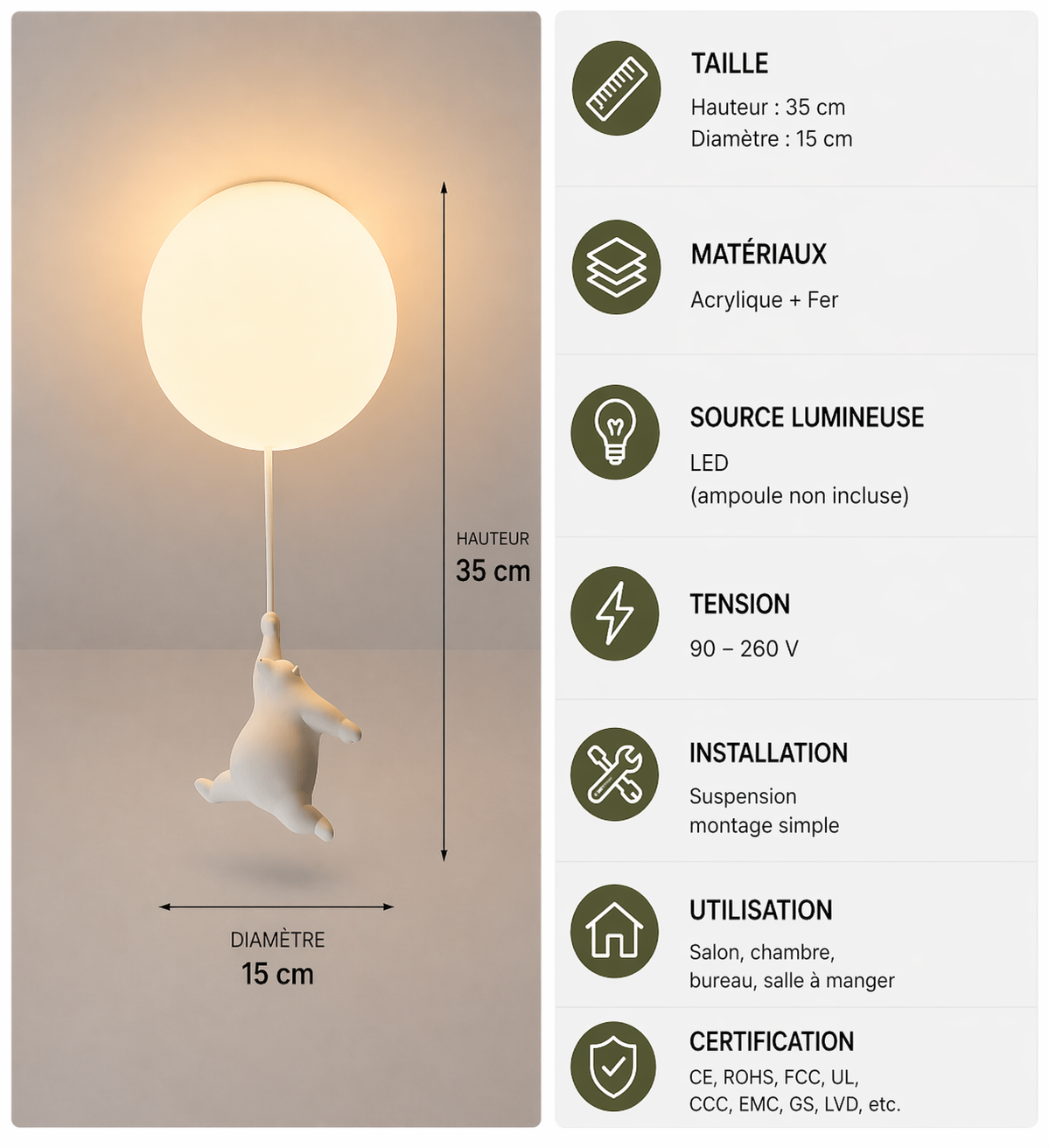 Ours Polaire – Plafonnier LED | Suspension Décorative Globe Figurine Chambre Enfant