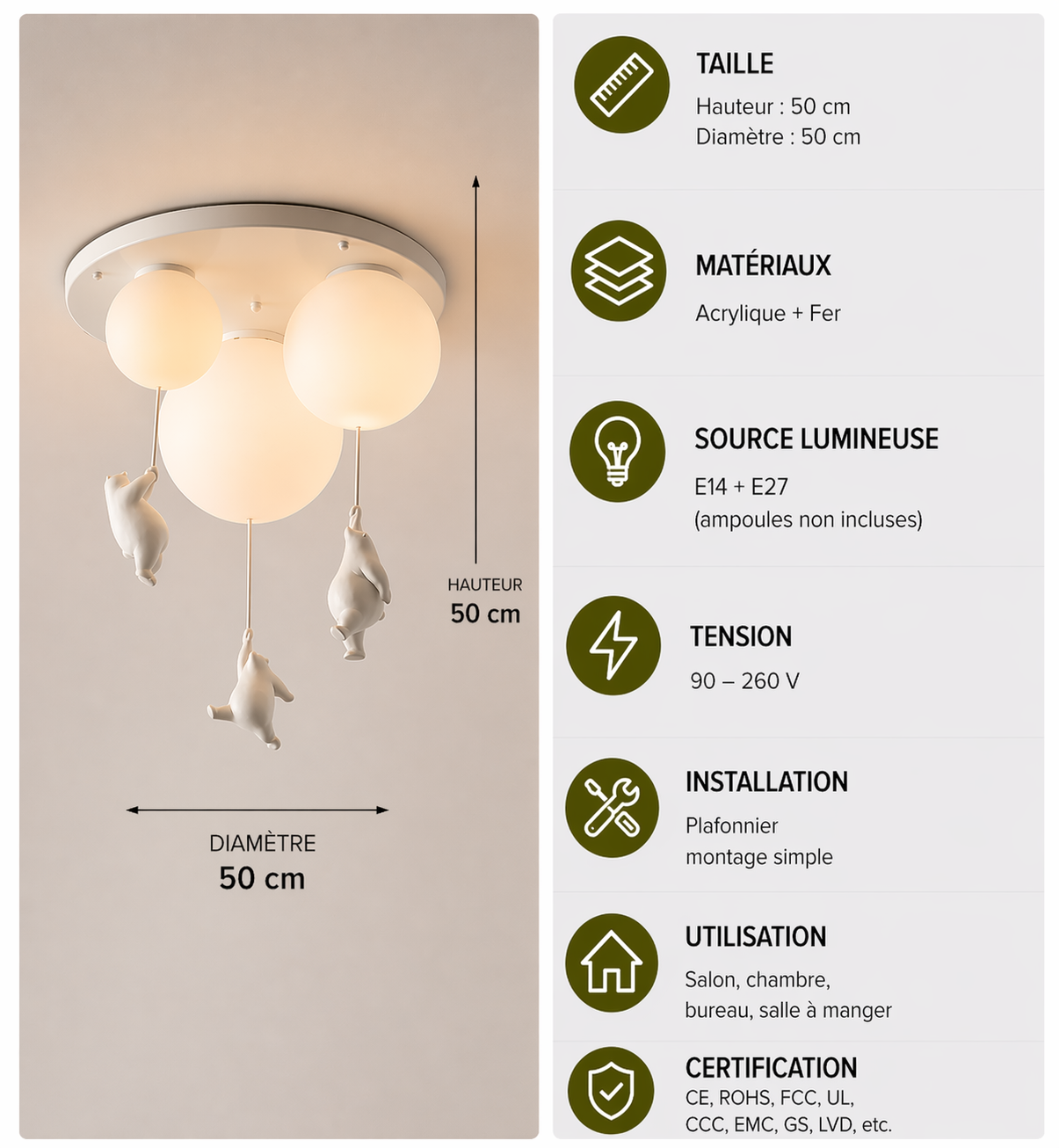 Ours Polaire – Plafonnier LED | Suspension Décorative Globe Figurine Chambre Enfant
