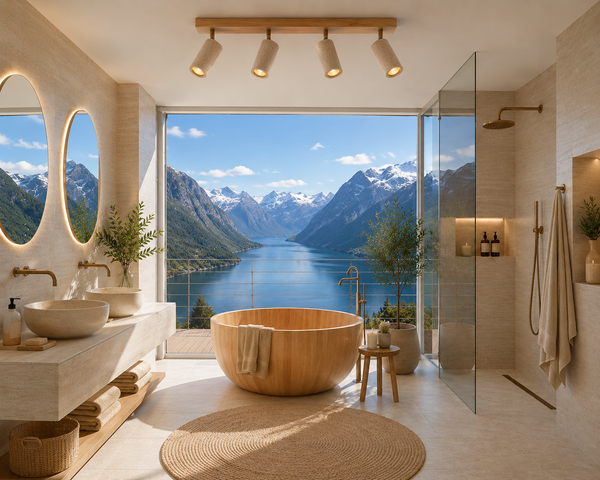 Boussole – Plafonnier Salle de Bain | Luminaire Bois Travertin Têtes Orientables