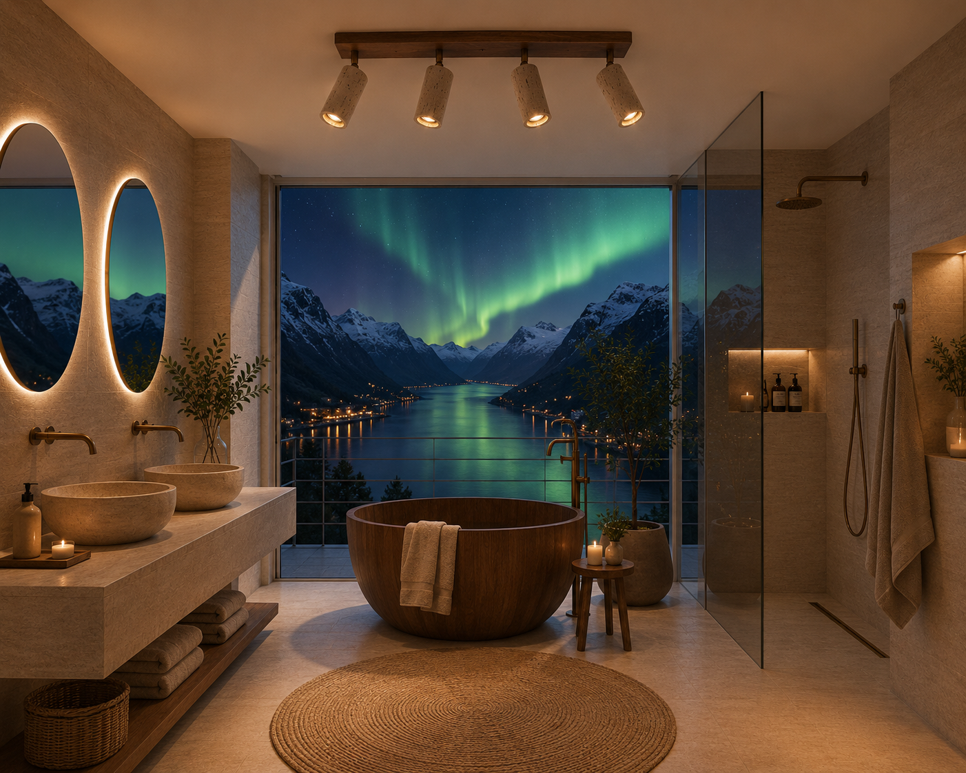 Boussole – Plafonnier Salle de Bain | Luminaire Bois Travertin Têtes Orientables